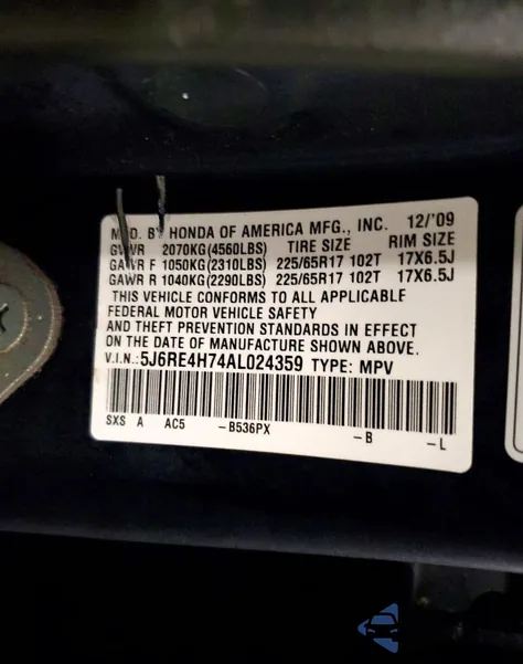 2010 Honda Cr-V Exl z USA, uszkodzony, nr VIN 5J6RE4H74AL024359